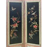 Vintage Black Fabric Flower Birds Table Top Folding Screen Art GB705S