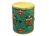 Teal Turquoise Green Tibetan Drum Style Lotus Jewel Graphic Table Stool GB725S