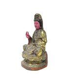 Vintage Chinese Pink Face Holy Bottle Lotus Base Wood Kwan Yin Bodhisattva Statue GB729S