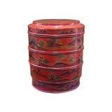 Vintage Chinese Red Golden Scenery Graphic Round Wood Stack Basket Table GB748S