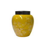 Bright Yellow White Floral Peonies Butterflies Bulbous Porcelain Metal Lid Jar GB816S