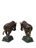 Pair Vintage Chinese Cloisonne Enamel Crimson Red Dynamic Bull Figures GB852S