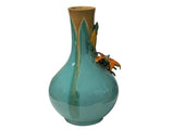 Turquoise Teal Bulbous Round Body Orange Dimensional Lily Flower Art Vase GB863S