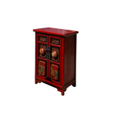 Chinese Distressed Brick Red Carving Graphic Tall Side End Table Nightstand cs7611S