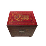 Chinese Distressed Brick Red Flower Birds Graphic End Table Nightstand cs7608S