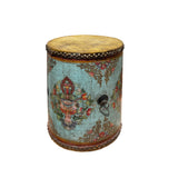 Distressed Chinese Tibetan Drum Shape Light Blue Floral Side Table cs7600S