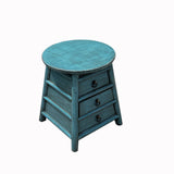Chinese Distressed Light Blue Round Top Drawers Wood Stool Table ws3052S