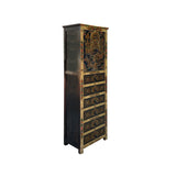 Chinese Light Olive Golden Dragons Tall Slim Multi Drawers Cabinet cs7632S