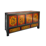 Chinese Vintage Black Orange Flower Birds Graphic TV Console Cabinet cs7631S