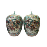 Pair Chinese Turquoise Porcelain People Scenery Graphic Point Lid Jars ws3015S