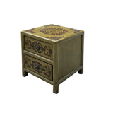 Oriental Olive Green Graphic 2 Drawers End Table Nightstand Cabinet cs7629S