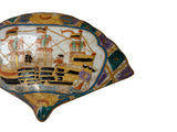 Vintage Western Sailing Ship Graphic Fan Shape Porcelain Trinket Box GB879S