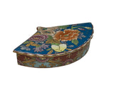 Vintage Blue Big Flowers Graphic Fan Shape Porcelain Trinket Box GB880S