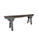 Distressed Brown Light Blue Village Slim Narrow Scroll Apron Wood Bench ws4538S
