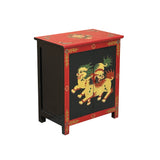 Tibetan Oriental Black Red Foo Dogs Lions End Table Nightstand ws4631S