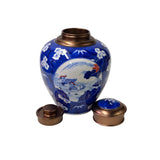 Oriental Blue White Flower Birds Porcelain Metal Lid Container Urn ws3182S