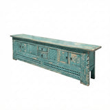 Vintage Distressed Turquoise Geometric Carving Rough Low TV Table Cabinet cs6123S T