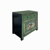 Chinese Distressed Apple Green Graphic Sideboard Console Cabinet cs7692S