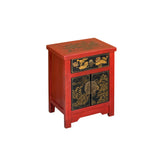 Oriental Distressed Red Black Golden Graphic Side End Table Nightstand cs7695S