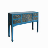 Blue Lacquer Golden Flower Graphic Drawers Slim Foyer Side Table cs7698S