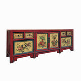 Chinese Distressed Red Cream Flower Graphic TV Console Table Cabinet cs7722S
