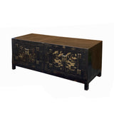 Vintage Oriental Distressed Flower Vases Black Low TV Console Cabinet cs7741S
