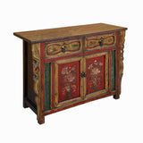 Chinese Distressed Mustard Yellow Red Flower Sideboard Credenza Cabinet cs7742S