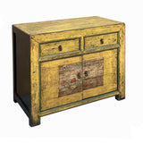 Chinese Distressed Yellow Graphic Sideboard Console Credenza Cabinet cs7751S