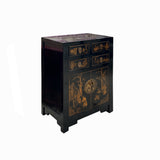 Vintage Oriental Distressed People Golden Graphic Black Side Table Cabinet cs7767S