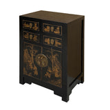 Vintage Oriental Distressed People Golden Graphic Black Side Table Cabinet cs7796S