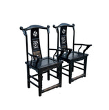 Pair Vintage Chinese Rustic Black Lacquer Deer Motif Yoke-Back Armchairs cs7807S