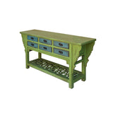 Distressed Lime Green 6 Blue Drawers Open Pedestal Sideboard Console Cabinet cs7823S
