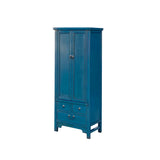 Oriental Dark Teal Blue Narrow Wood Detail Door Drawers Storage Cabinet cs7824S