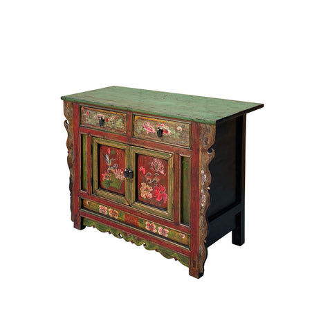 Chinese Distressed Red Green Flower Sideboard Credenza Cabinet cs7825S
