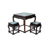 Vintage Chinese Square Marble Top 2 Stools Tea Table Set cs7828S