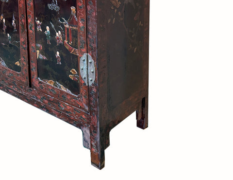 Vintage Chinoiseries Brick Red & Stone Inlay Graphic Credenza Cabinet ...