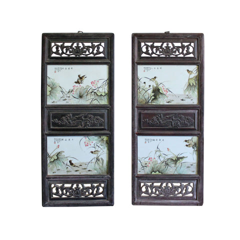 Chinese Vintage Pair Flower Birds Graphic Porcelain Wood Wall Panels Art cs4337S