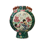 Vintage Chinese Dark Green Graphic Flat Round Flask Porcelain Vase ws3259S