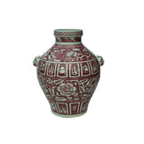 Vintage Copper Red Phoenix Flower Graphic Foo Dog Ear Ceramic Fat Pot Vase ws3521S