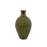 Olive Green Copper Color Mouth Relief Floral Motif Ceramic Art Vase ws3536S