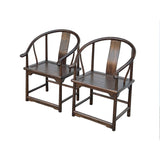 Pair Chinese Around Horseshoes-Back Brown Stain Armchairs ws3584S