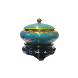 Chinese Teal Turquoise Metal Cloisonné Blossom Flower Theme Round Box ws3679S