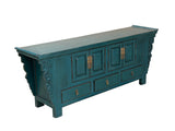 Oriental Distressed Rustic Teal Blue Low TV Console Table Cabinet ws3763S