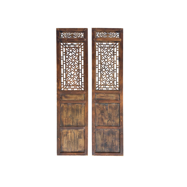 Pair Oriental Bats Floral Geometric Pattern Tall Wood Door Panel Scree ...