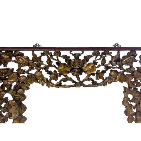 Chinese Vintage Golden Relief Flower Carving Arch Shape Wood Wall Art ws3790S