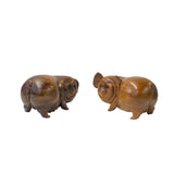Chinese Pair Natural Wood Carved FengShui Happy Face Piggy Figures ws3794S