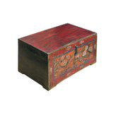 Chinese Vintage Distressed Red Brown Floral Theme Trunk Box Chest ws3814S