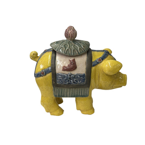 Oriental Vintage Yellow Gray Ceramic Piggy Shape Container Jar Figure ws3875S