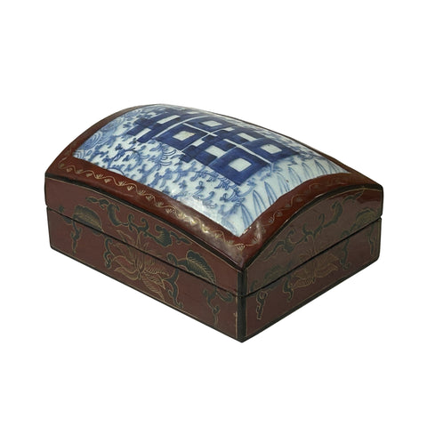 Chinese Old White Base Blue Double Happiness Porcelain Art Lacquer Box ws3883S
