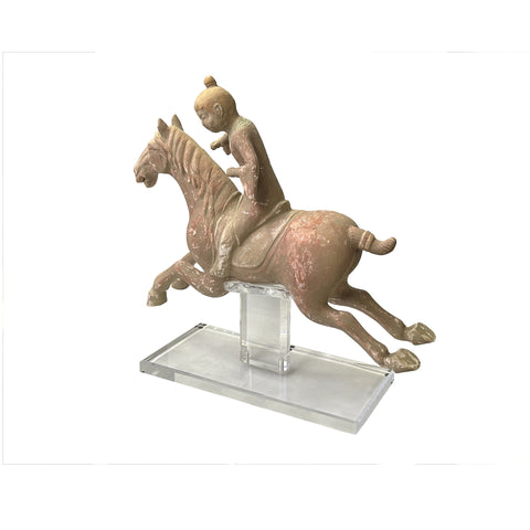 Chinese Vintage Terracotta Clay Man Riding Horse Figure Display Art ws3969S